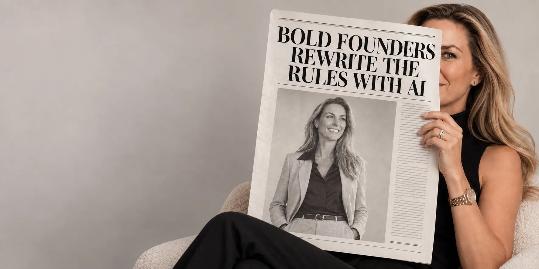 Stine Smith in a cream armchair holding a newspaper with the headline Bold founders rewrite the rules with AI