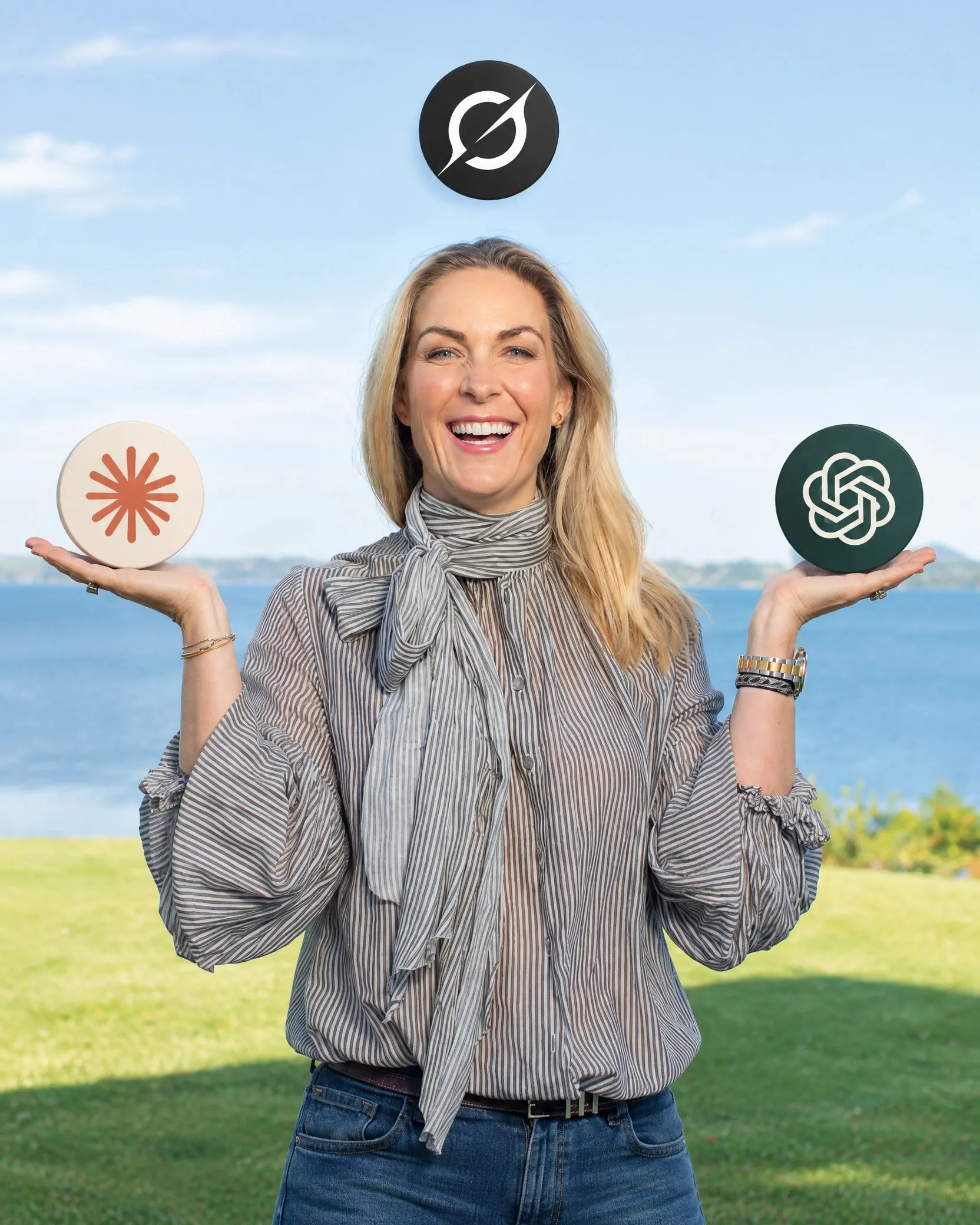 Stine Smith holding up three AI logos by the harbour