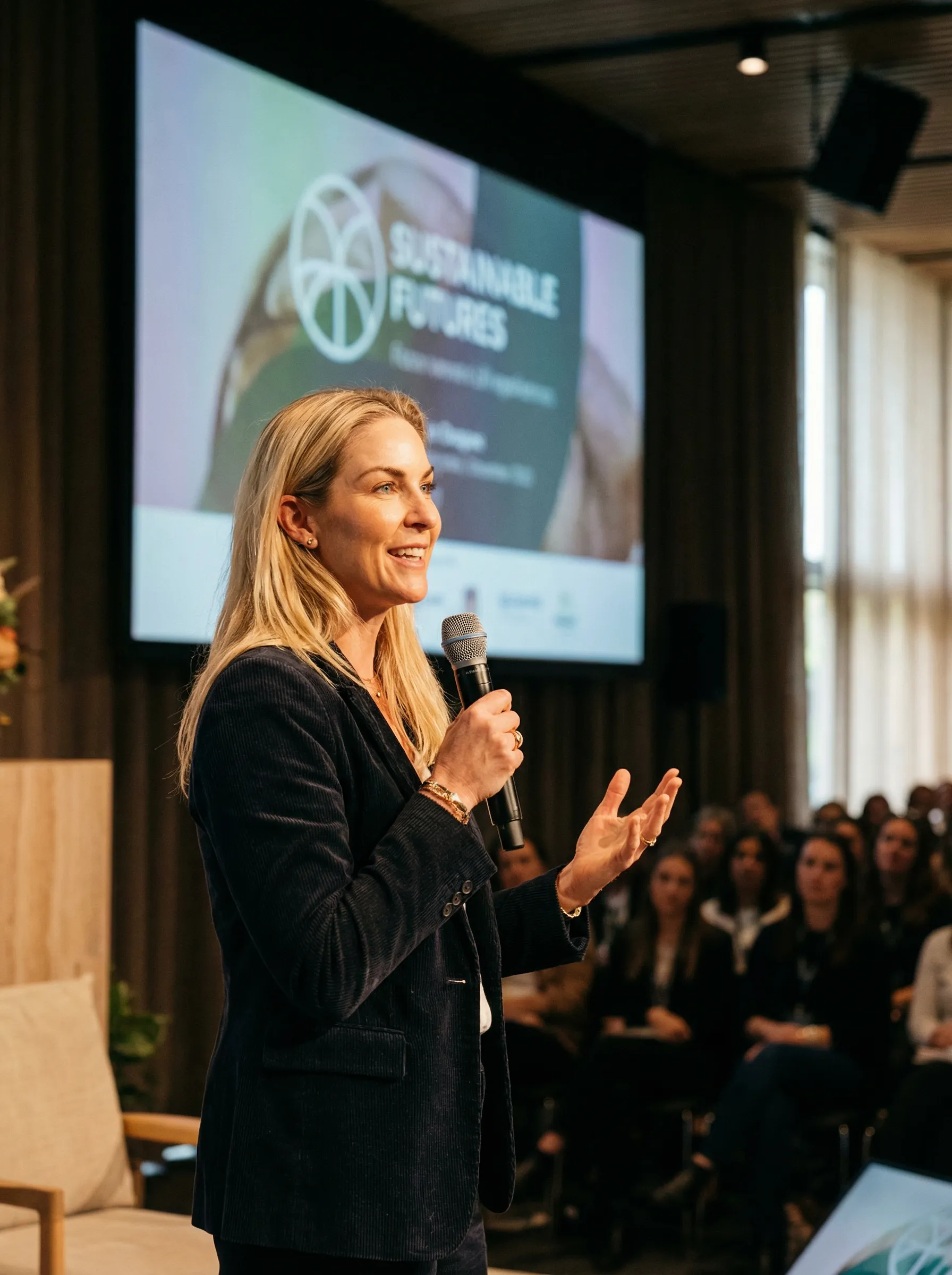 Stine Smith speaking on stage about practical AI for small business